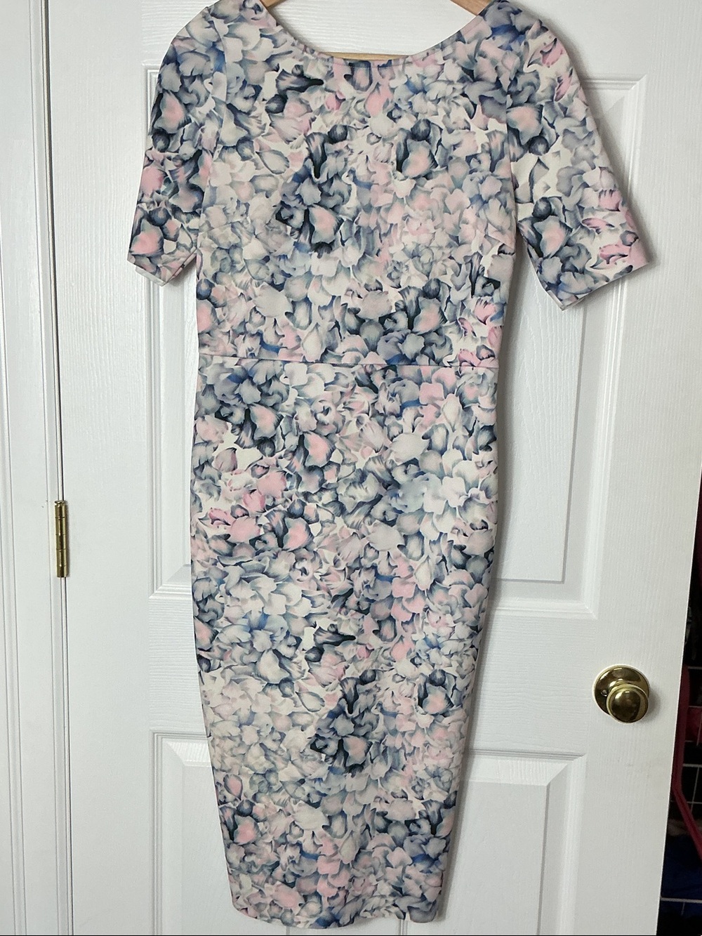Floral Sheath Midi Dress in Pale Pink and Blue